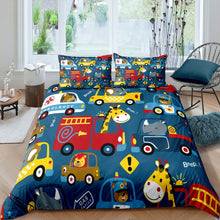 Load image into Gallery viewer, Kids Giraffe Comforter Cover Lion Tiger Bear Animals Print Quilt Cover For Boys Girls Children Car Bus Cartoon Style Blue Cozy Bedding Set US Twin Full Queen King Size Including Duvet cover and pillowcase