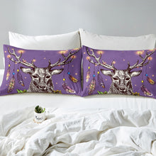 Load image into Gallery viewer, Boho Style Elk Pattern Bed Sheet Set For Girls Teens Bedroom Bohemian Dream Catcher Printed Fitted Sheet Christmas Theme Antlers Bedding Set Feather Deer Purple Decor 3 Pcs Full Size