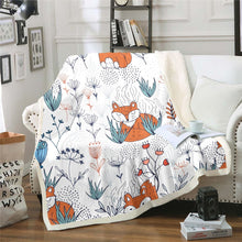 Load image into Gallery viewer, Cute Fox Sherpa Blanket Cartoon Fox Print Throw Blanket Botanical Branches Fleece Blanket for Couch Bed Sofa Room Decor Lightweight Wild Animal Theme Fuzzy Blanket Nature