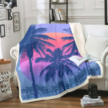 Load image into Gallery viewer, Palm Tree Print Sherpa Blanket Palm Leaf Throw Blanket Sea Sunset Scenery Fleece Blanket for Couch Bed Sofa Room Decor Lightweight Hawaiian Tropical Island Fuzzy Blanket