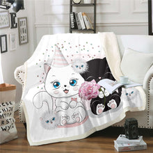 Load image into Gallery viewer, Cute Cat Throw Blanket for Couch Bed Sofa Cartoon Kitten Print Fleece Blanket Decorative Pet Cats Pattern Sherpa Blanket Black White Lovely Animal Theme Fuzzy Blanket Plush Blanket