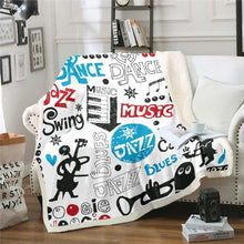 Load image into Gallery viewer, Boys Throw Blanket Jazz Music Theme Fleece Blanket for Couch Bed Sofa Youth Retro Blues Musical Pattern Sherpa Blanket Cartoon Instruments Print Fuzzy Blanket Room Decor