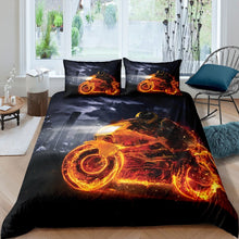 Load image into Gallery viewer, Death Motocross Rider Comforter Cover Set Kids Boys Teens Flame Motorcycle Bedding Set Extreme Sport Theme Duvet Cover 3D Dirt Bike Bedspread Cover,Room Decor 2/3Pcs Bedding