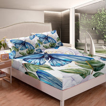 Load image into Gallery viewer, Girly Butterfly Fitted Sheet Rose Floral Print Bedding Set Blossom Flowers Pattern Bed Sheet Set for Children Kids Girls Women White Blue Flying Insects Bed Cover Room Decor