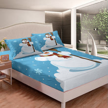 Load image into Gallery viewer, Kids Cute Snowman Bedding Set Cartoon Snowflake Pattern Fitted Sheet for Kids Boys Girls Winter Theme Bed Sheet Set Breathable White Blue Bed Cover Room Decor