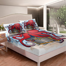 Load image into Gallery viewer, Boys Cartoon Octopus Bed Sheet Set Ocean Kraken Print Bedding Set Red Octopus Fitted Sheet for Kids Children Room Decor Lightweight Sea Marine Themed Bed Cover