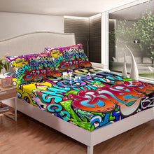 Load image into Gallery viewer, Boys Hippie Graffiti Style Bed Sheet Set Teens Hip Hop Fitted Sheet Cartoon Graffiti Pattern Bedding Set For Kids Street Culture Theme Bed Cover Ultra Soft Room Decor