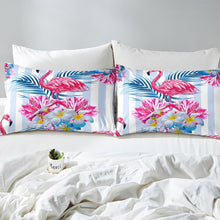 Load image into Gallery viewer, Girly Pink Flamingo Fitted Sheet Tropical Blossom Floral Flowers Bedding Set Palm Leaf Bed Sheet Set for Kids Girls Women Hawaiian Style Bed Cover Stripe Design Room Decor
