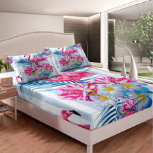 Load image into Gallery viewer, Girly Pink Flamingo Fitted Sheet Tropical Blossom Floral Flowers Bedding Set Palm Leaf Bed Sheet Set for Kids Girls Women Hawaiian Style Bed Cover Stripe Design Room Decor