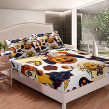 Load image into Gallery viewer, Kids Halloween Themed Bed Sheet Set Child Pumpkin Lantern Bedding Set Wizard Witch Pattern Fitted Sheet for Boys Girls Room Decor Scary Spider Cat Bed Cover Black Orange