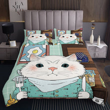 Load image into Gallery viewer, White Cat Coverlet Set Eatting Breakfast Bedspread For Kids Boys Girls Cartoon Pet Animal Quilt Child Room Decor Brown Teal