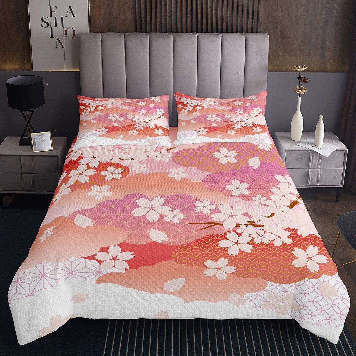 Girls Cherry Blossoms Bedspread Japanese Wave Quilt For Kids Boys Wome
