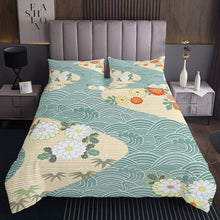 Load image into Gallery viewer, Blue Japanese Wave Quilt Red Yellow Chrysanthemum Blossom Daisy Coverlet Set Floral Leaves Botanical Bedspread For Kids Girls Japan Ukiyo-E Theme Bed Cover
