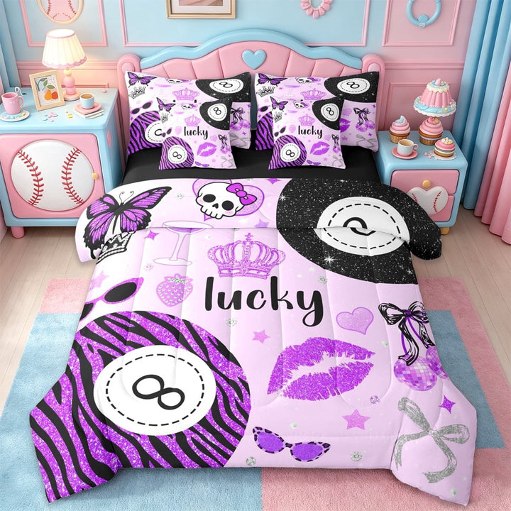 Erosebridal Dreamy Princess Style Kids 7-Piece Twin Bedding Sets,Purple Zebra Stripe Print Billiard Bedding Comforter Set,Reversible