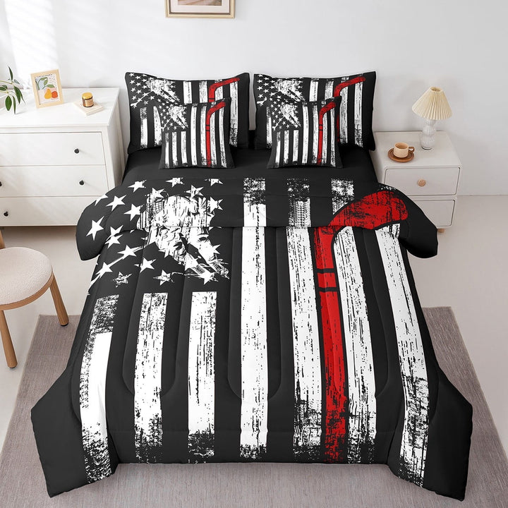 Eosebridal Ice Hockey Comforter Set 7 Pieces King Size,American Flag Bedding Set,Hockey Player Bed in a Bag,Comforter + Sheets + Pillowcases + Cushion Covers