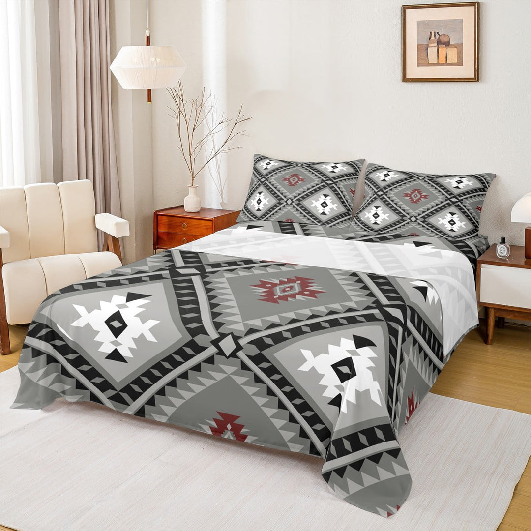 jejeloiu Retro Boho Aztec Queen Sheet Sets,Bohemian Triangle Rhombus Flat Sheet,Gray Black Queen Fitted Sheet For Teens,Microfiber Bedroom Decor,4-Piece