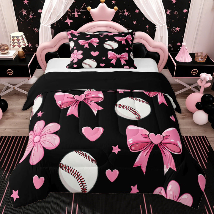 Erosebridal Black Pink Bow Twin Comforter Sets for Kids, Baseball Game Bedding Set, Black Reversible, 2-Piece