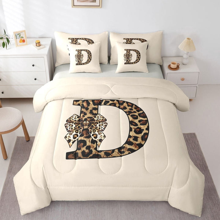 Erosebridal Black Brown Cheetah Print Bowknot Twin Bedding Sets 7-Piece For Girls,Teens Boys Letter Monogrammed D Bedding Comforter Set,Grey Reversible