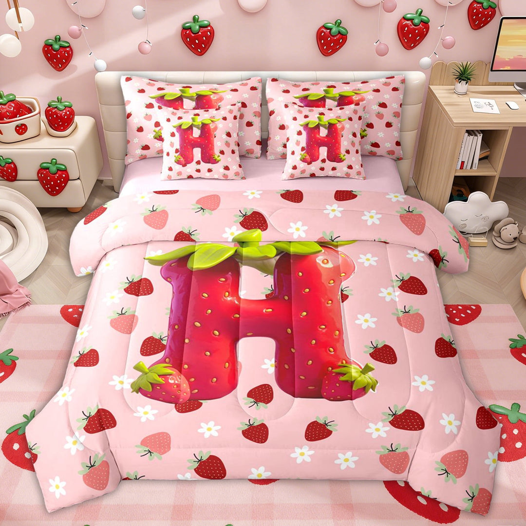 Erosebridal Pink Strawberry Kids Twin Bedding Sets, Cute Initial H Letter Bedding Comforter Set, Pink Reversible, 7-Piece
