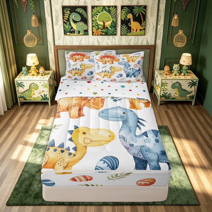 meiyoeat Watercolor Dinosaur Wildlife Zipper Twin Comforter Sets with Fitted Sheet and 2 Pillowcases for Kids Boys Girls, Prehistoric Animal Zipper Bedding Set, Polkadot Reversible, 4pcs