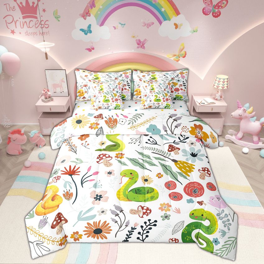 Kawaii Snake Comforter Set 7 Piece Bed in a Bag Twin,Mushroom Floral Cartoon Animal Bedding Sets Watercolor Flowers Leaves Sheet Set with Comforter