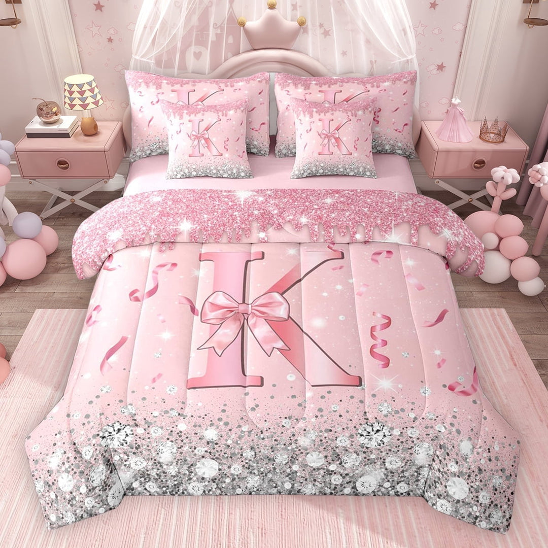 Erosebridal Dreamy Glitters Print Twin Bedding Sets for Girls, Pink Bling K Letter Bedding Comforter Set, Pink Reversible 7pcs