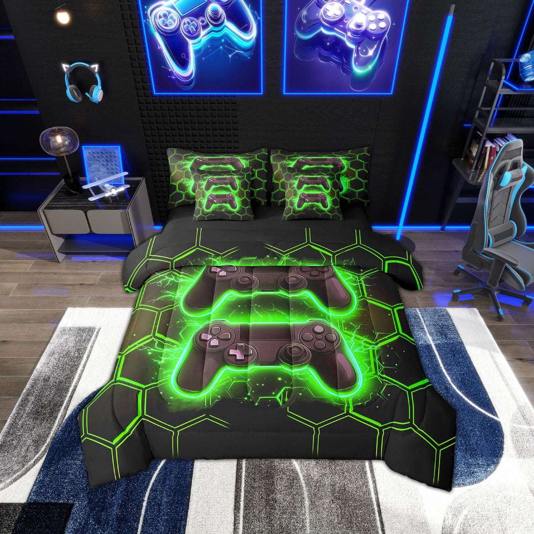 Erosebridal Neon Gamepad Bedding Sets Twin Size , Green Hexagon Honeycomb Bed Sheets Set, Ultra Soft 7 Pieces
