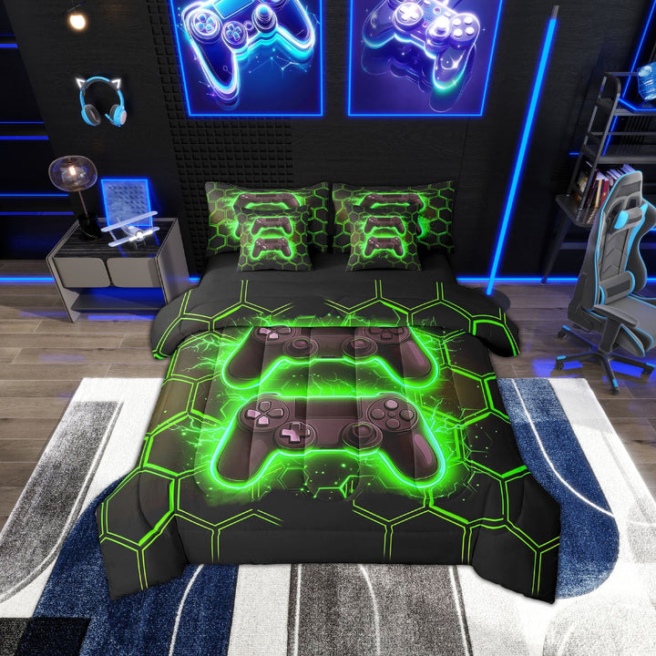 Erosebridal Neon Gamepad Bedding Sets Twin Size , Green Hexagon Honeycomb Bed Sheets Set, Ultra Soft 7 Pieces
