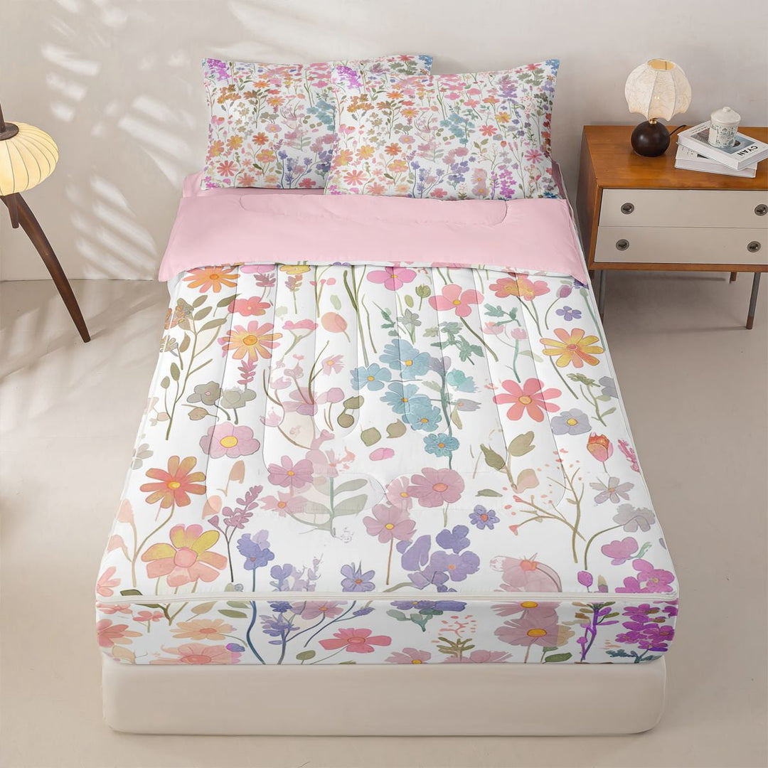 meiyoeat Boho Wildflower Groovy Zipper Full Size Comforter Sets with Fitted Sheet and 2 Pillowcases for Kids Girls, Pastel Floral Flower Zipper Bedding Set, Multi White, Pink ReversibleG