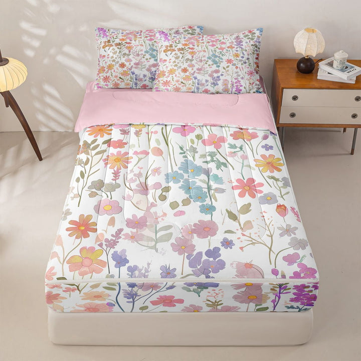 meiyoeat Boho Wildflower Groovy Zipper Full Size Comforter Sets with Fitted Sheet and 2 Pillowcases for Kids Girls, Pastel Floral Flower Zipper Bedding Set, Multi White, Pink ReversibleG