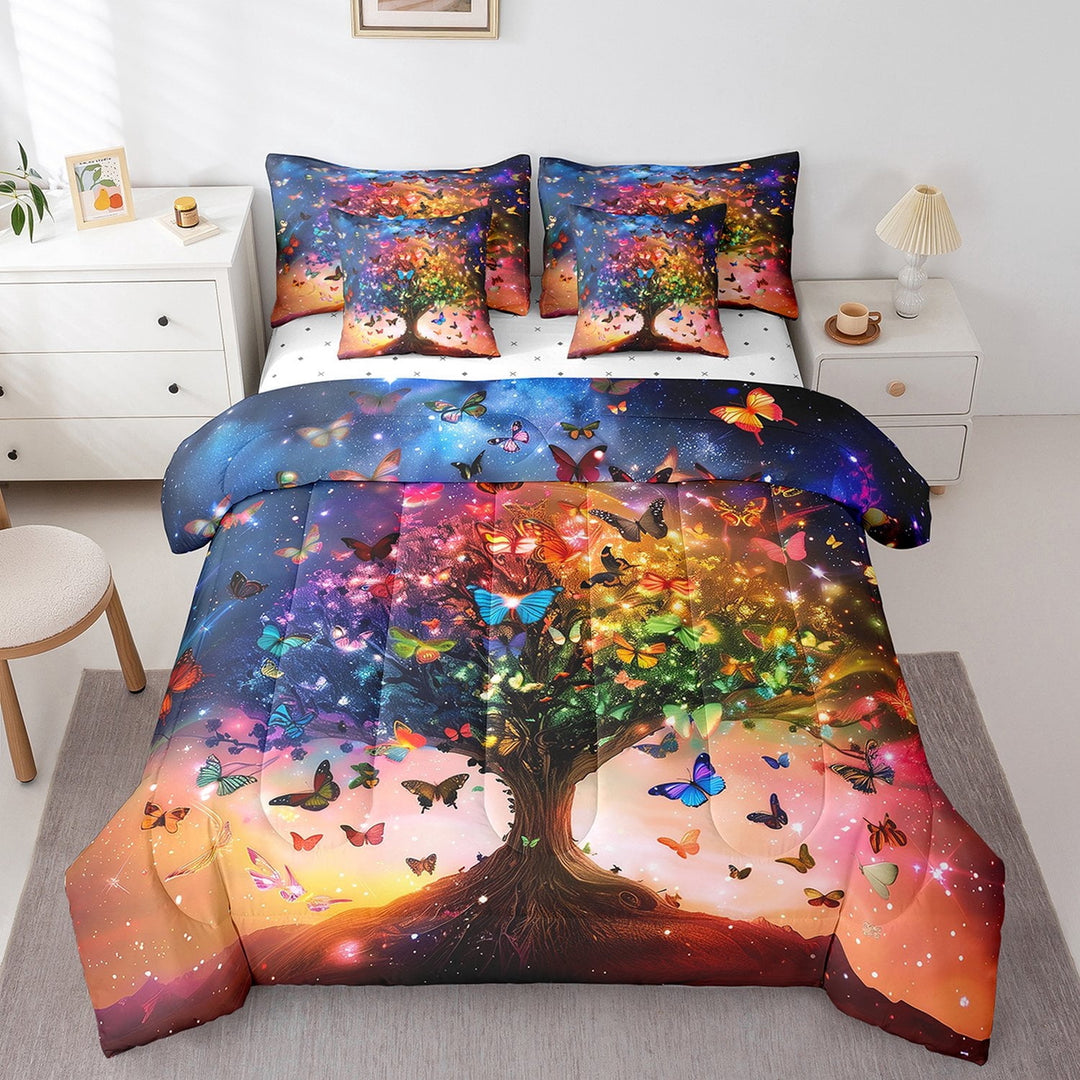 Tree of Life Bed in a Bag 7pcs Colorful Butterfly Bedding Set Twin Blue Purple Galaxy Starry Sky Bed Sheets Set Nature Garden Themed Bedding Comforter Sets Romantic Themed Bed Set