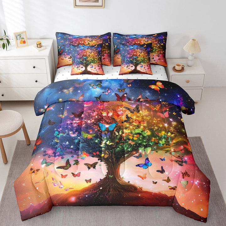 Tree of Life Bed in a Bag 7pcs Colorful Butterfly Bedding Set Twin Blue Purple Galaxy Starry Sky Bed Sheets Set Nature Garden Themed Bedding Comforter Sets Romantic Themed Bed Set