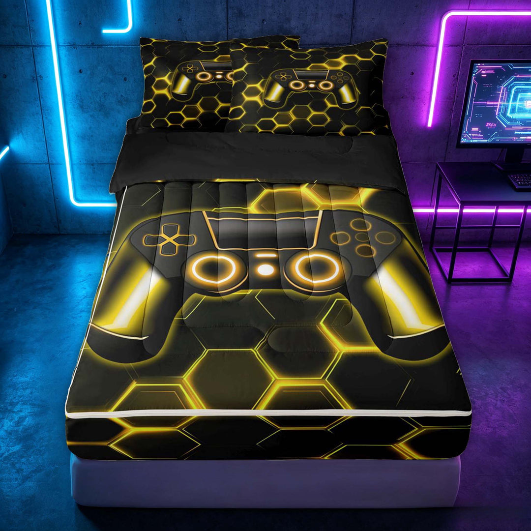 meiyoeat Gradient Gamepad Zipper Twin Comforter Sets with Fitted Sheet and 2 Pillowcases for Boys Gamers, Neon Honeycomb Yellow Gaming Zipper Bedding Set, Black Reversible