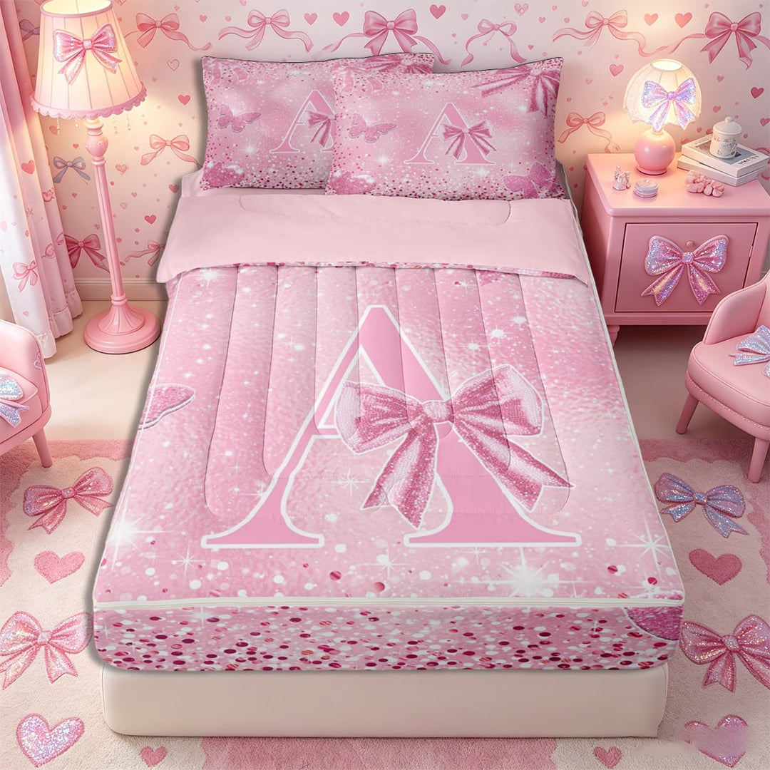 Meiyoeat Glitter Pink Letter A Zipper Full Size Comforter Sets with Fitted Sheet and 2 Pillowcases, Sparkle Bow Print Zipper Bedding Set for Bedroom,4pcs,Pink Reversible