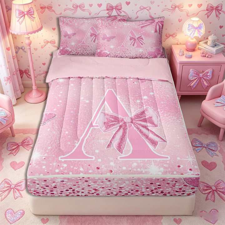 Meiyoeat Glitter Pink Letter A Zipper Full Size Comforter Sets with Fitted Sheet and 2 Pillowcases, Sparkle Bow Print Zipper Bedding Set for Bedroom,4pcs,Pink Reversible