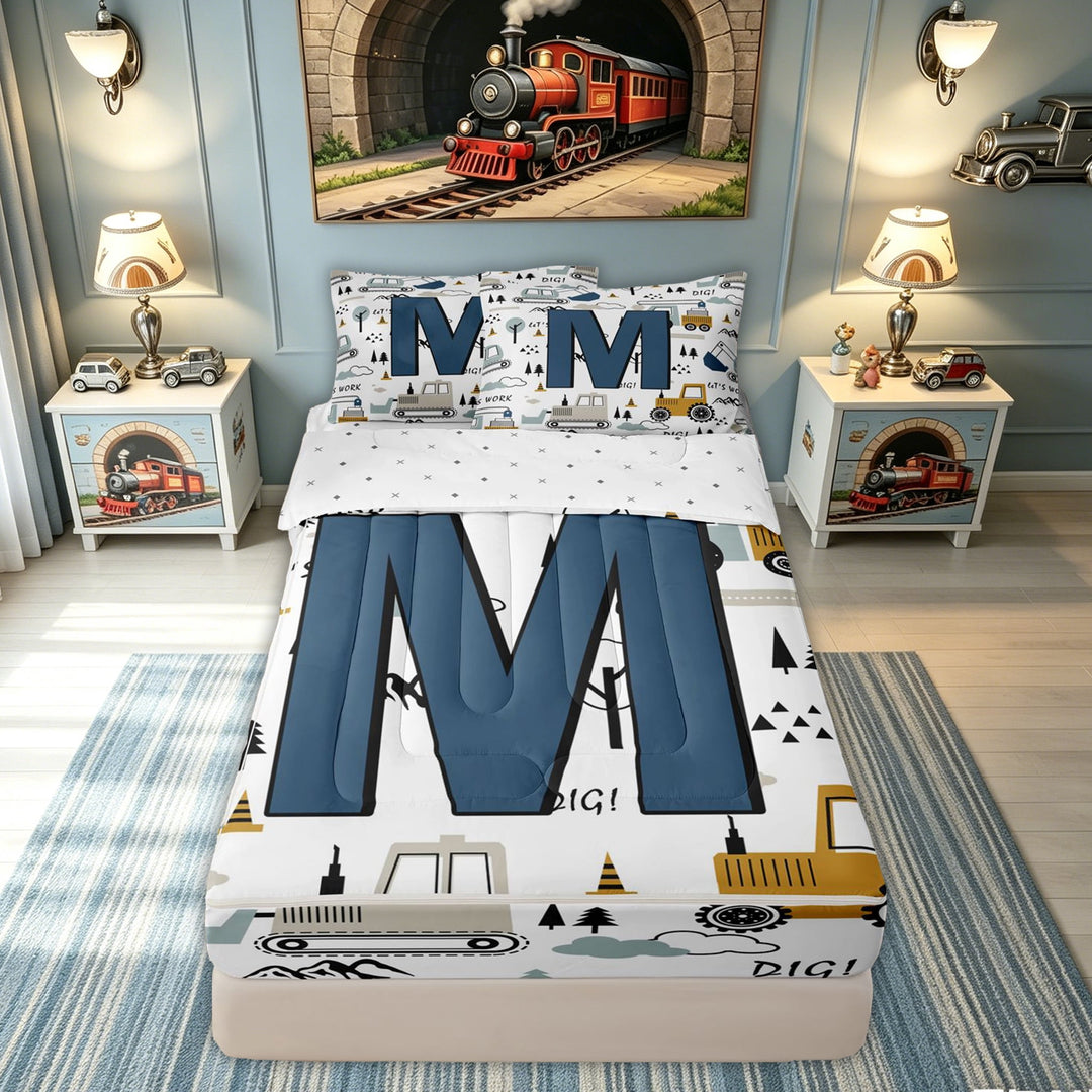 meiyoeat Construction Letter M Zipper Comforter Set with Fitted Sheet and 2 Pillowcases, Truck Print Zipper Bedding Set for Kids Boys, Blue, Reversible, 3pcs