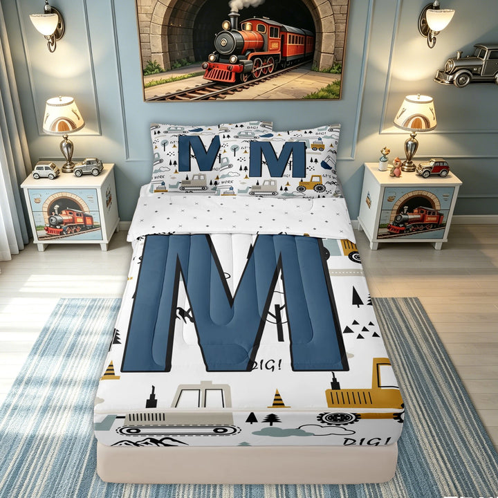 meiyoeat Construction Letter M Zipper Comforter Set with Fitted Sheet and 2 Pillowcases, Truck Print Zipper Bedding Set for Kids Boys, Blue, Reversible, 3pcs