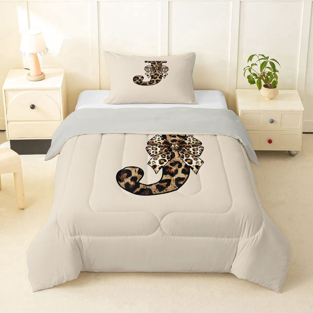 Erosebridal Vintage Leopard Print Bow Tie Twin Comforter Sets 3-Piece For Girls Boys,Adults Personalized Initial J Bedding Set,Grey Reversible