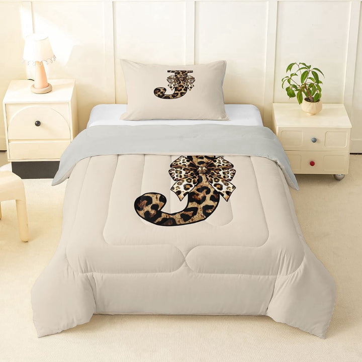 Erosebridal Vintage Leopard Print Bow Tie Twin Comforter Sets 3-Piece For Girls Boys,Adults Personalized Initial J Bedding Set,Grey Reversible