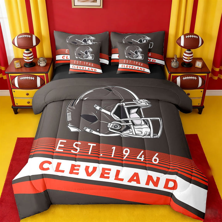 Erosebridal American Football City Bed in a Bag Twin Size,Cleveland Print Bed Set,Geometric Stripe Bedding Twin Size,Luxurious Bedroom Decoration Reversible,7 Pieces