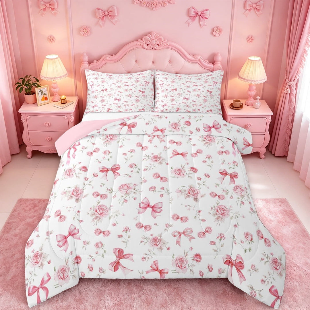 meiyoeat Pink Cute Flowers Full Size Comforter Sets For Girls,Kawaii Coquette Bowknot Bedding Comforter Set For Kids,Pink Reversible,3 Pieces