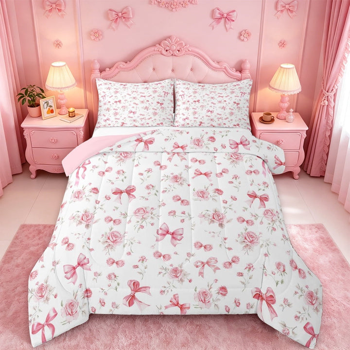 meiyoeat Pink Cute Flowers Full Size Comforter Sets For Girls,Kawaii Coquette Bowknot Bedding Comforter Set For Kids,Pink Reversible,3 Pieces