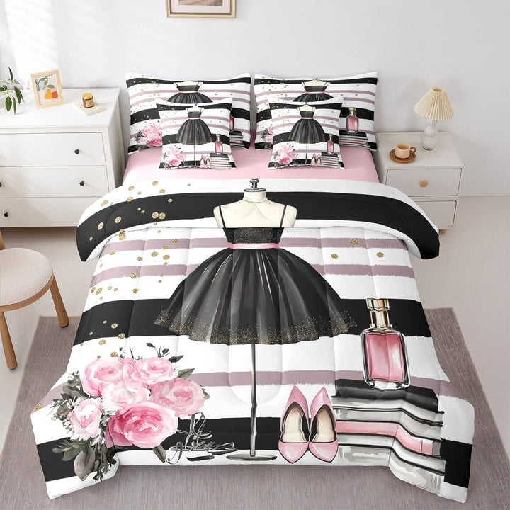 Black Dress Bed in a Bag 7 Piece King Modern Fashion Bedding Sets Modern Themed Comforter Set with Sheets Fashion Woman Dress Bed Set Pink High Heels Romantic Makeup Decor Sheets