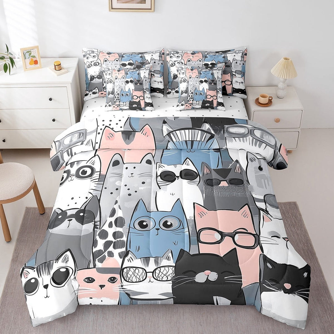 Cat Comforter 7 Pieces Full Size Pet Cats Sheet Set ren Room Cartoon Animals Bedding Set,Cartoon Bed Set With 2 Pillow Cases