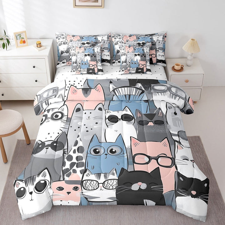 Cat Comforter 7 Pieces Full Size Pet Cats Sheet Set ren Room Cartoon Animals Bedding Set,Cartoon Bed Set With 2 Pillow Cases