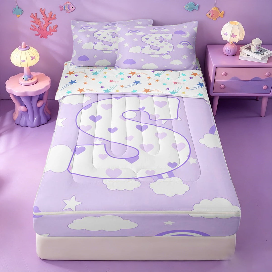 meiyoeat Purple Personalized Monogram S Zipper Twin Comforter Sets with Fitted Sheet and 2 Pillowcases,Rainbow Cloud Loves Initial Art Zipper Bedding Set For Girl,Colorful Stars Reversible,4 Pieces