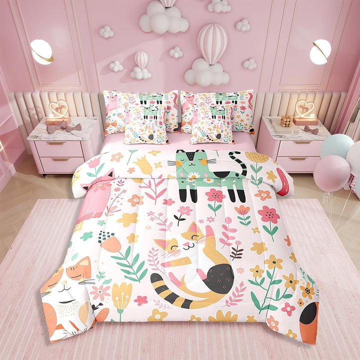 Erosebridal Cat Bedding Set Twin Size Cat Flower Comforter Set With Sheets7 piece Cats Leaf Print Bed in a Bag for Cute Kitten Green Yellow Pink Bed Set with Comforter,Sheets,Pillowcases