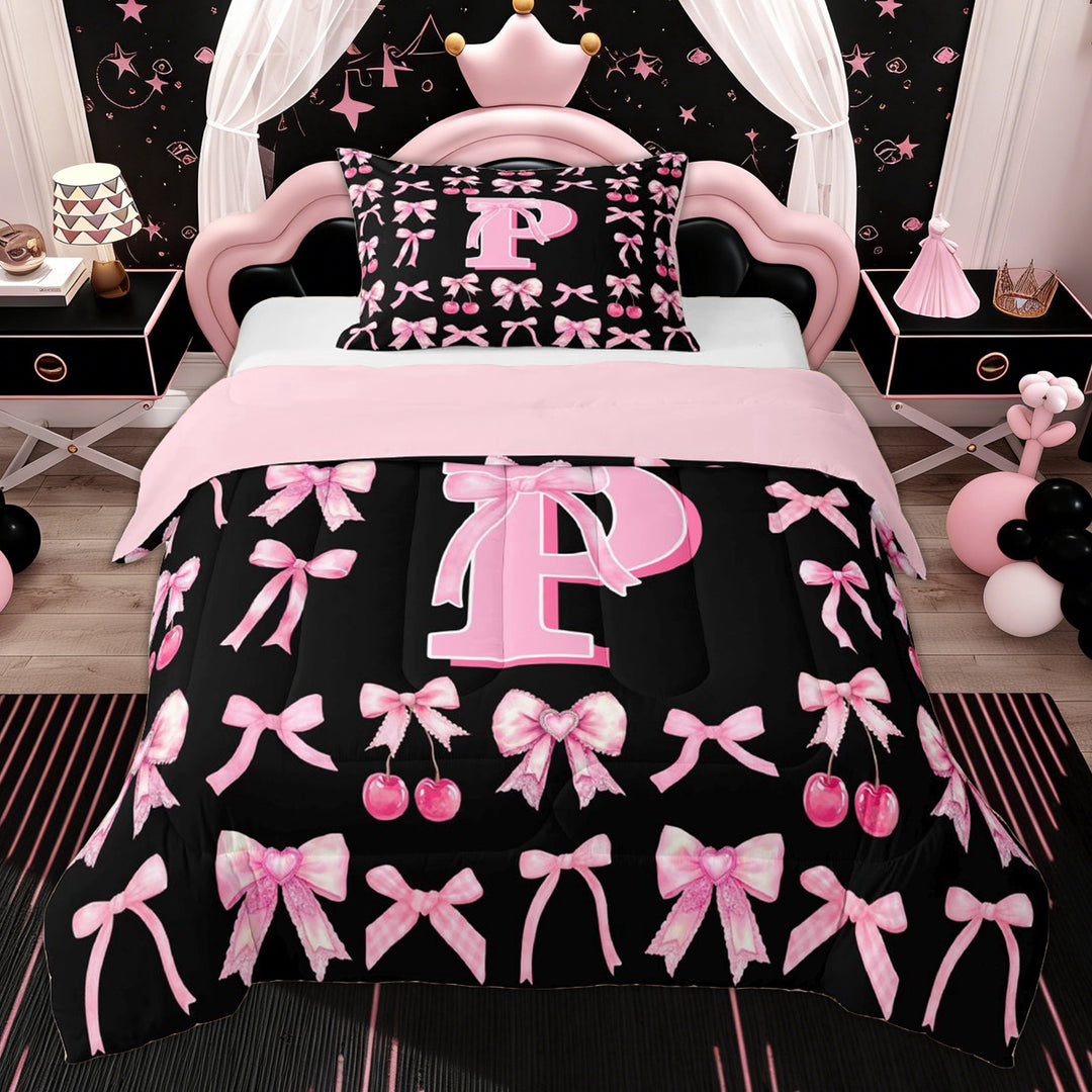 Erosebridal Bowknot Letter P Twin Comforter Sets for Kid, Black Pink Princess Bedding Set, 2 Pieces
