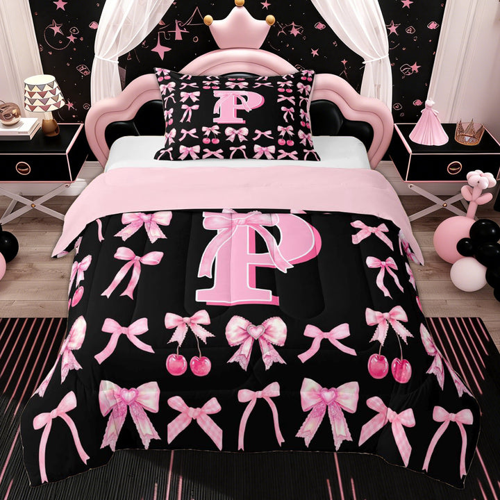 Erosebridal Bowknot Letter P Twin Comforter Sets for Kid, Black Pink Princess Bedding Set, 2 Pieces