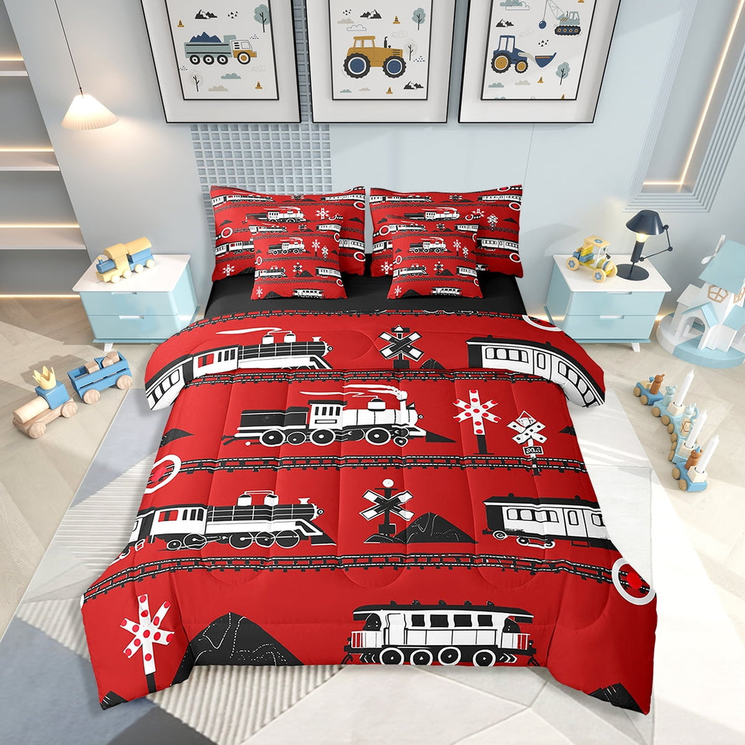 Train Twin Comforter Set Cartoon Car Bedding, 7Pcs Traffic Transportation Track Comforter Teens Vintage Steam Engine Railway Decor Quilt Set with Sheets